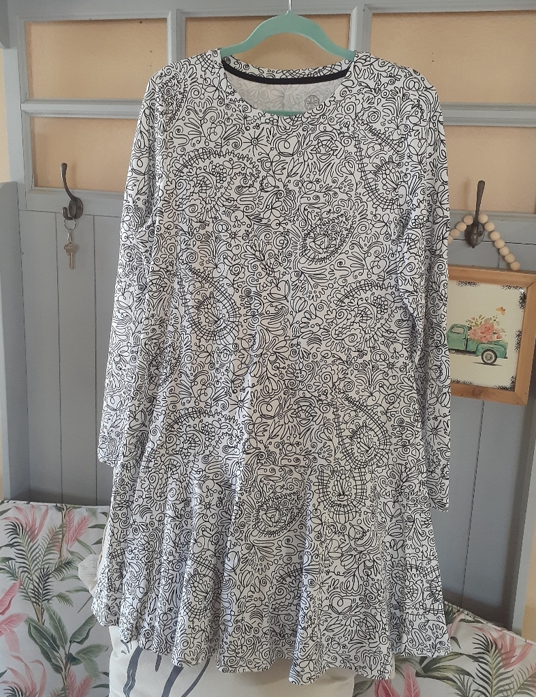 Tory Burch-Black and White Doodle Longsleeve Dress-Size Large, NWOT